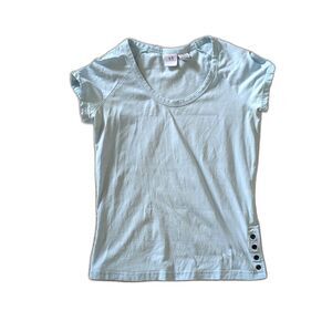 VTG Armani Exchange Light Blue Y2K Style Raglan Cap Sleeve Baby Tee Sz M